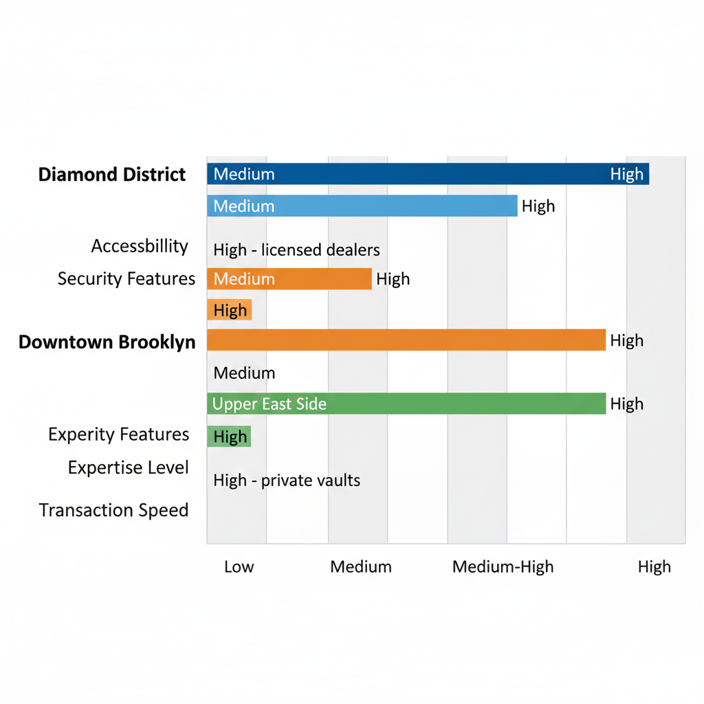 Horizontal bar chart comparing precious metals buying areas in NYC by accessibility, security, expertise, and speed