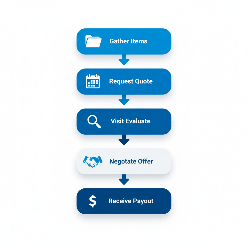 Vertical process flow illustrating five steps to sell precious metals in NYC: gather items, request quote, visit and evaluate, negotiate offer, receive payout.
