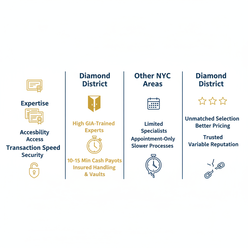 Infographic comparing Diamond District advantages over other NYC areas for luxury watch transactions, highlighting expertise, accessibility, speed, and security.