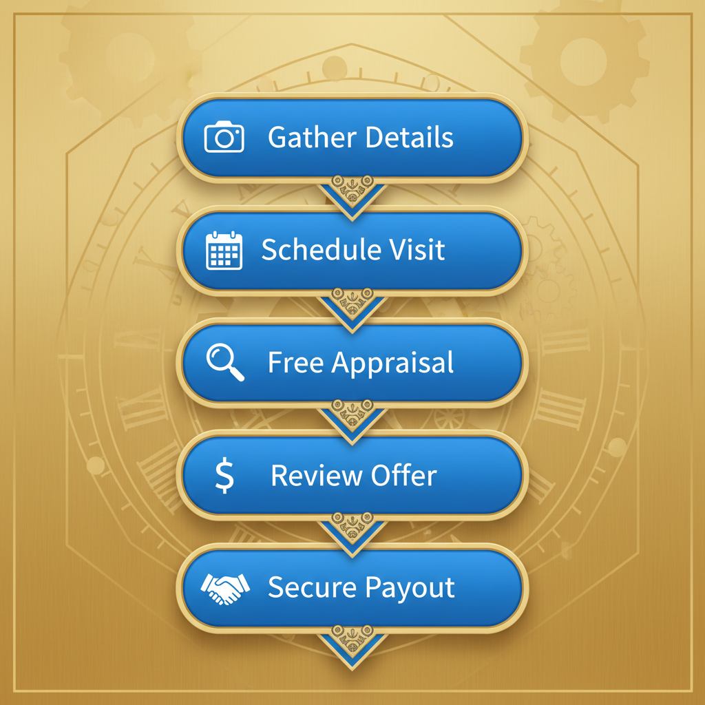 Vertical process flow diagram illustrating five steps to sell a luxury watch in NYC with icons and gold accents