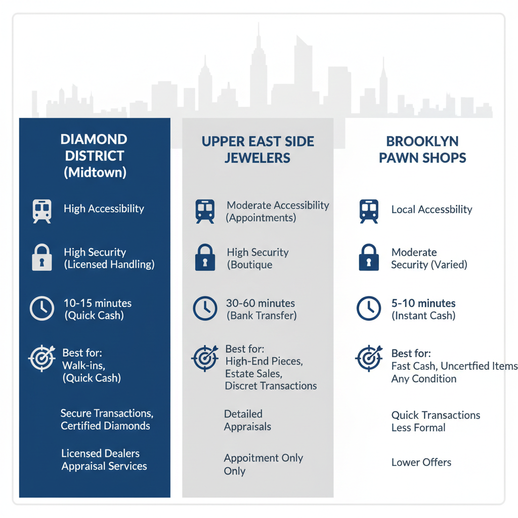 Infographic comparing top NYC locations for selling diamonds, spotlighting Diamond District's speed and security advantages.