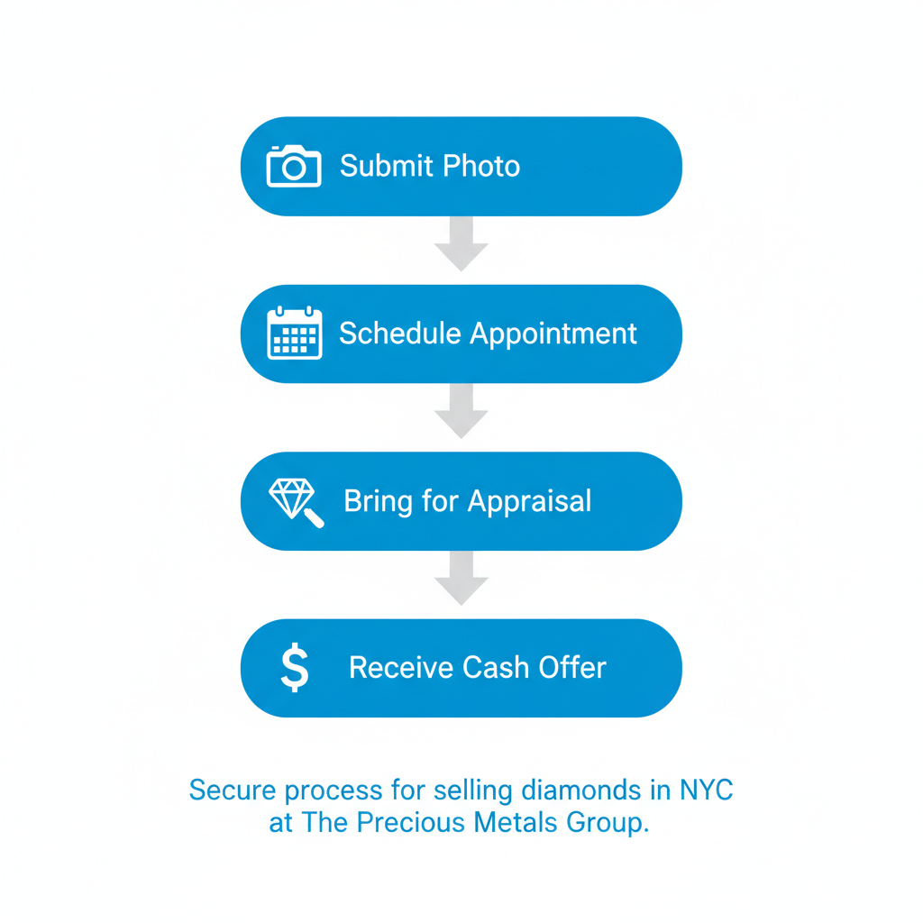 Vertical process flow diagram illustrating the four steps to sell diamonds in NYC: submit photo, schedule appointment, appraisal, and receive cash offer.