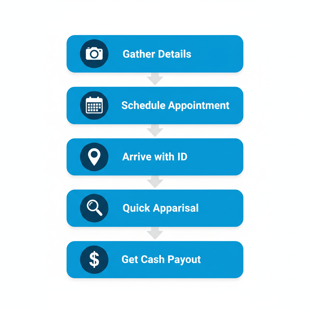 Vertical process flow diagram illustrating five steps to sell a diamond ring in NYC: gather details with photos, schedule appointment, arrive at location, receive appraisal, get cash payout.