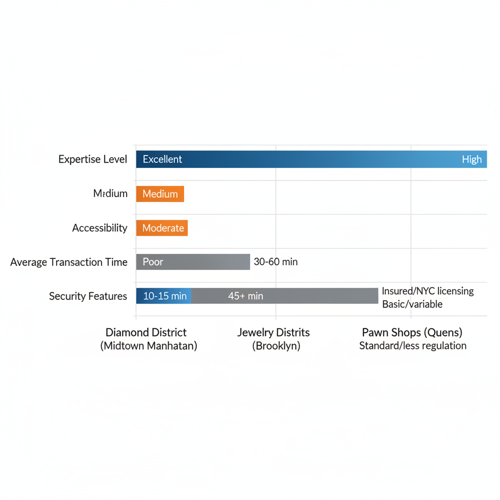 Horizontal bar chart comparing diamond selling areas in NYC across expertise, accessibility, transaction time, and security features