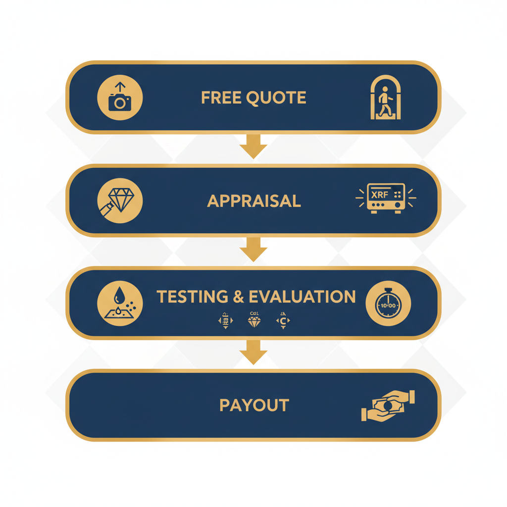 Vertical process flow diagram showing four stages of diamond selling services: free quote, appraisal, testing and evaluation, and payout.