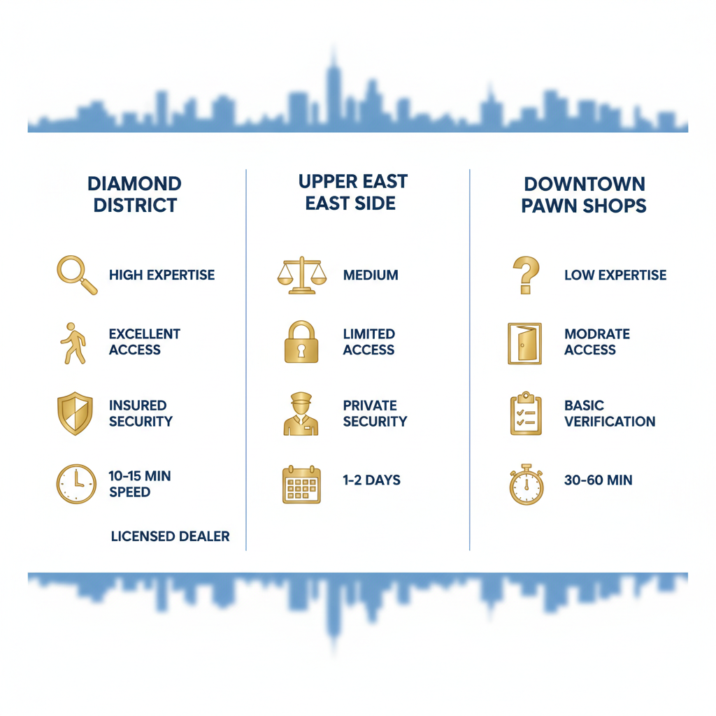 Infographic comparing Diamond District, Upper East Side jewelers, and downtown pawn shops for selling diamonds in NYC, highlighting expertise, accessibility, security, and speed metrics.