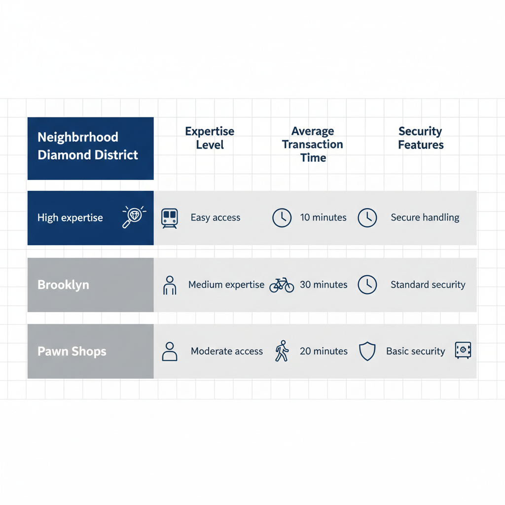 Infographic comparing selling engagement rings in NYC neighborhoods: Diamond District, Brooklyn, and pawn shops across expertise, access, time, and security.