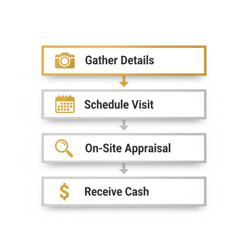 Vertical process flow diagram showing four steps to sell an engagement ring in NYC: gather details, schedule visit, on-site appraisal, and receive cash.