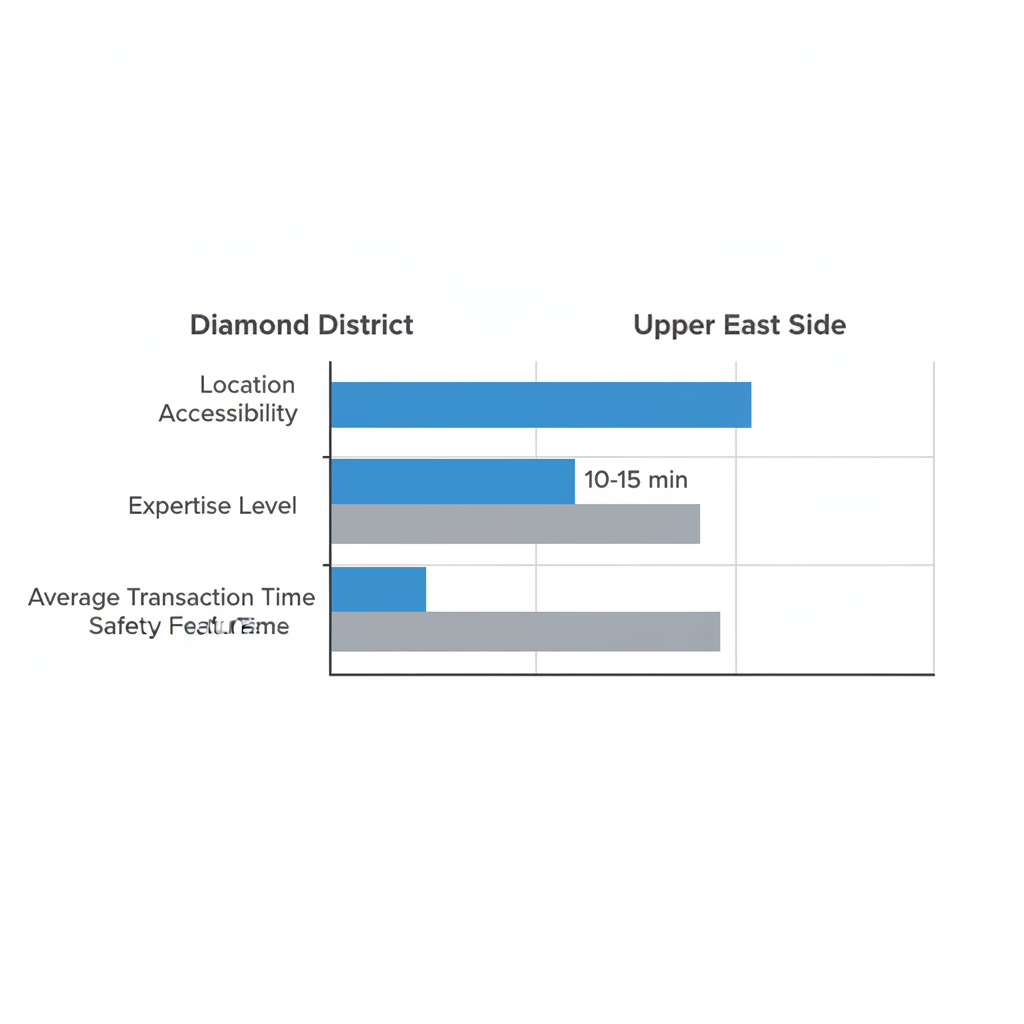 Horizontal bar chart comparing Diamond District and Upper East Side jewelers for diamond selling accessibility, expertise, transaction time, and safety features.