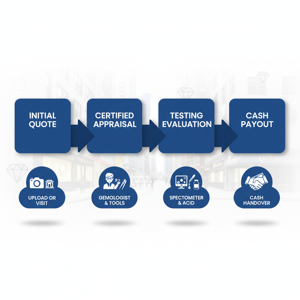 Horizontal process flow diagram illustrating the four steps of diamond sales services in New York City