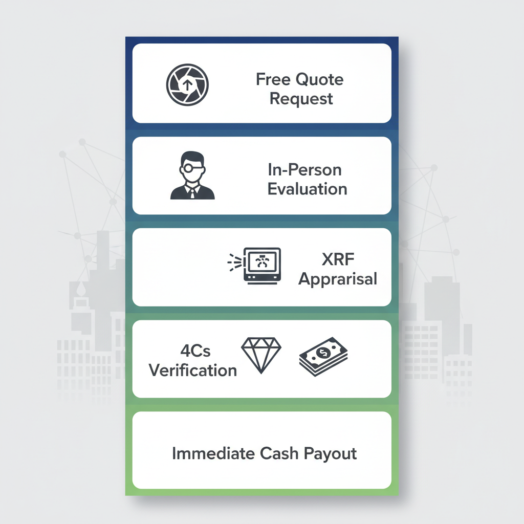 Vertical process flow diagram showing five steps for selling diamonds: quote request, evaluation, appraisal, verification, and payout.