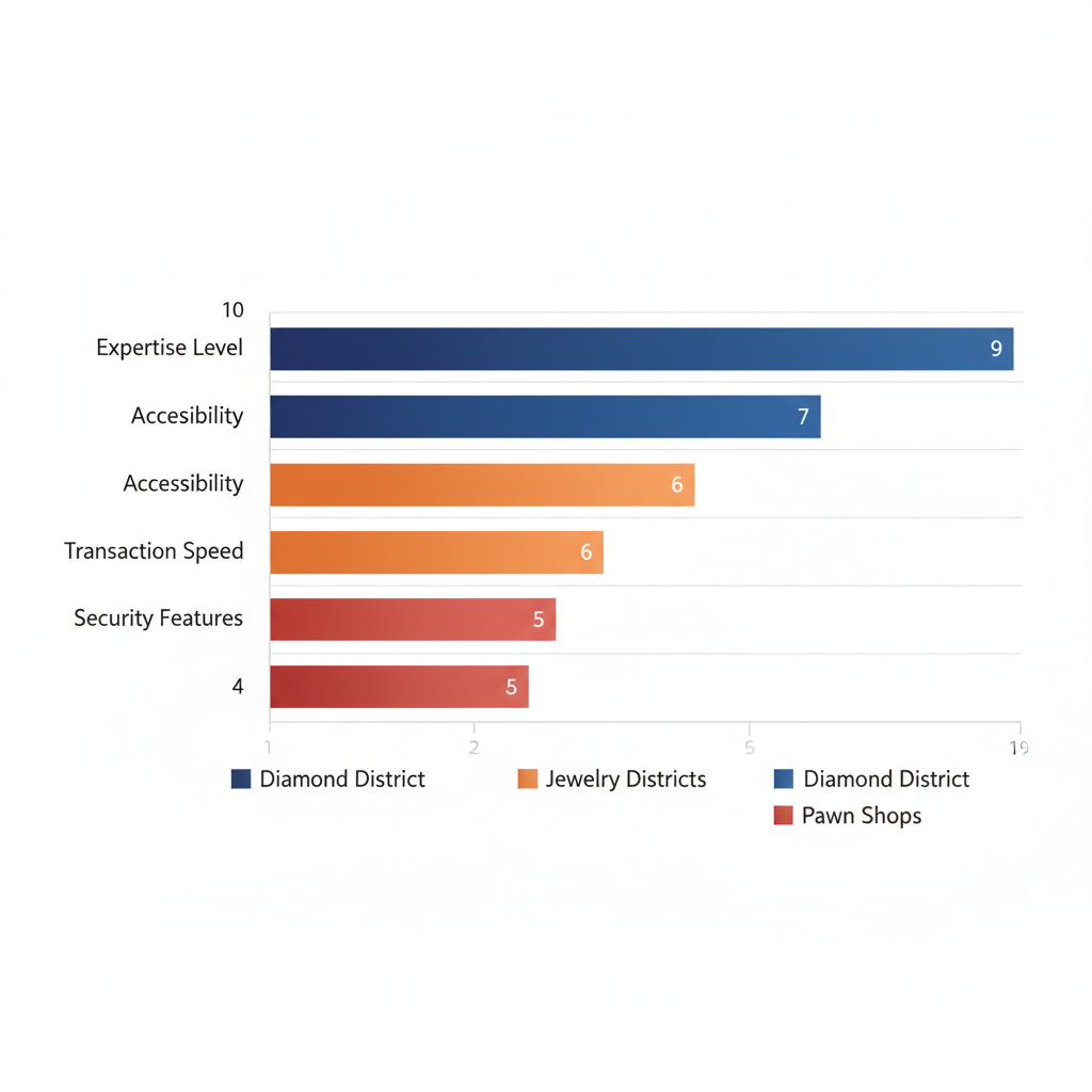 Horizontal bar chart comparing expertise, accessibility, transaction speed, and security of diamond selling areas in New York City