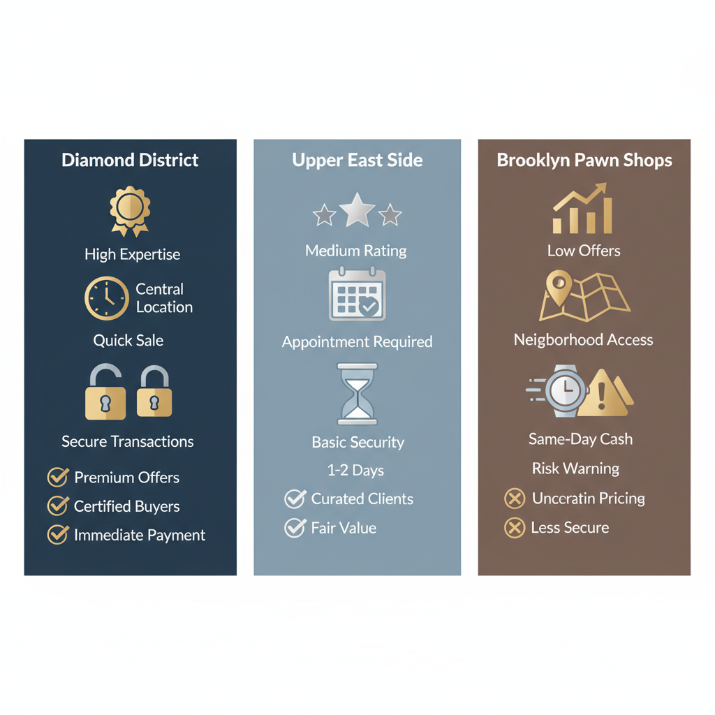 Comparative infographic of NYC locations for selling engagement rings highlighting Diamond District advantages
