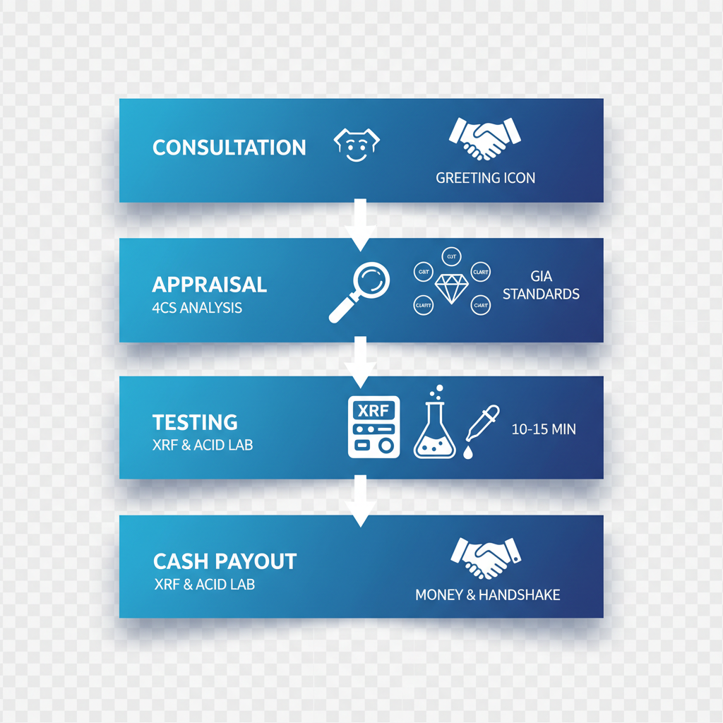 Vertical process flow diagram showing four stages for selling engagement rings: consultation, appraisal, testing, and cash payout.