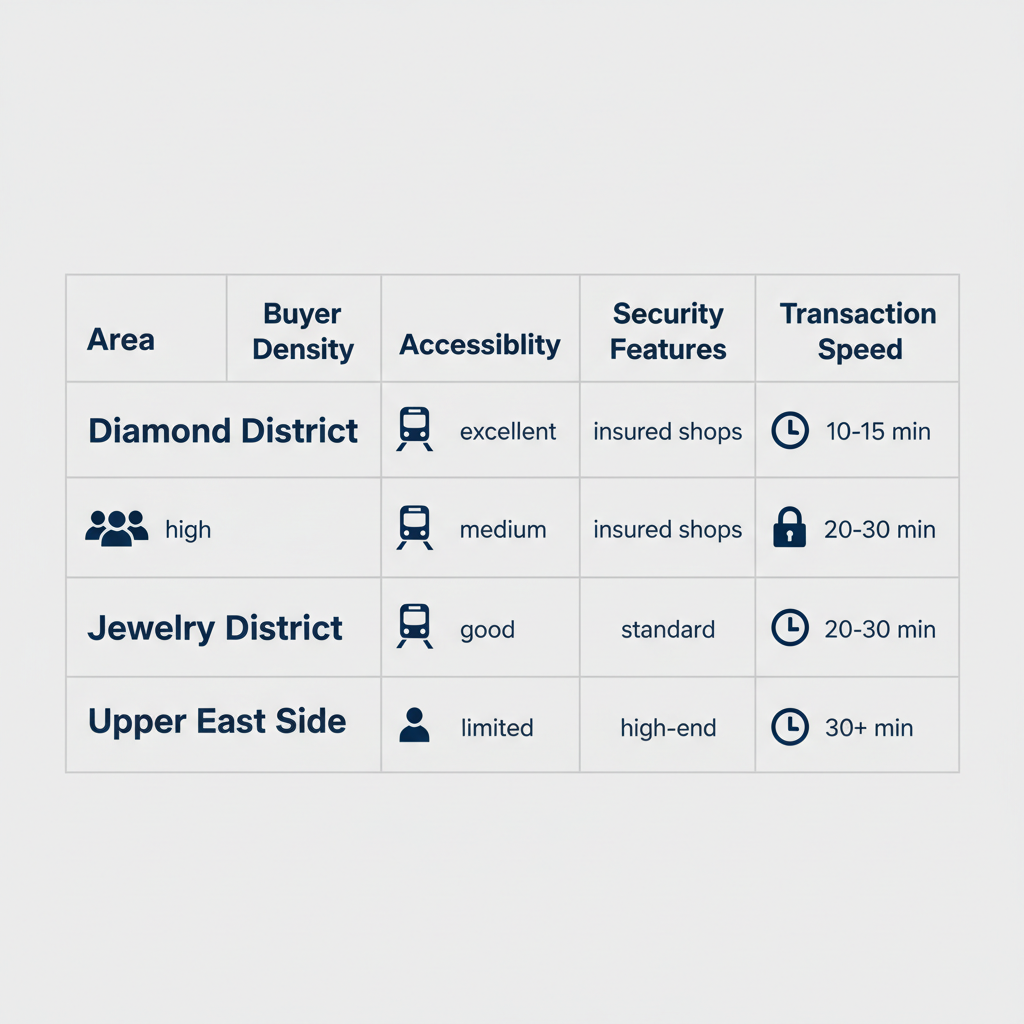 Infographic comparing areas for selling loose diamonds in NYC by buyer density, accessibility, security, and speed.