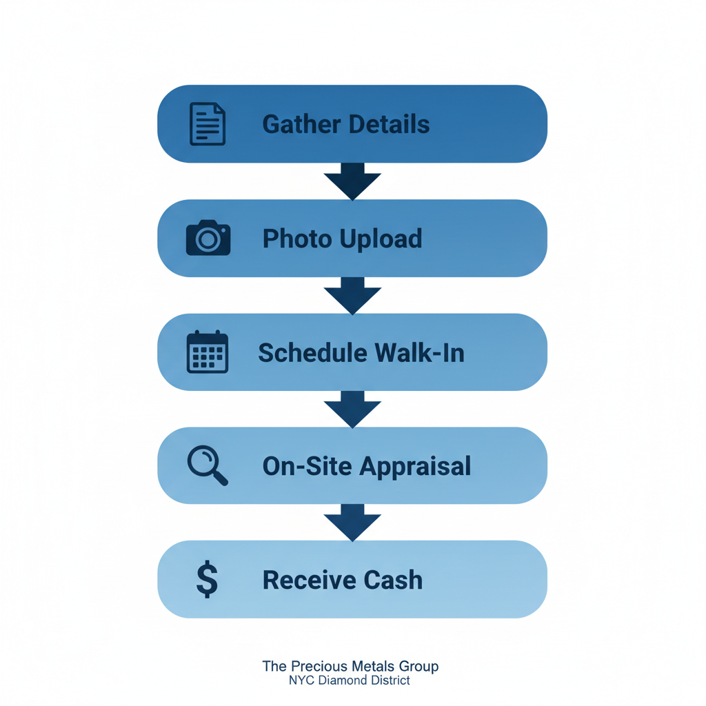 Vertical process flow diagram for selling loose diamonds in NYC, showing five steps with icons: gather details, photo upload, schedule or walk-in, on-site appraisal, and receive cash.