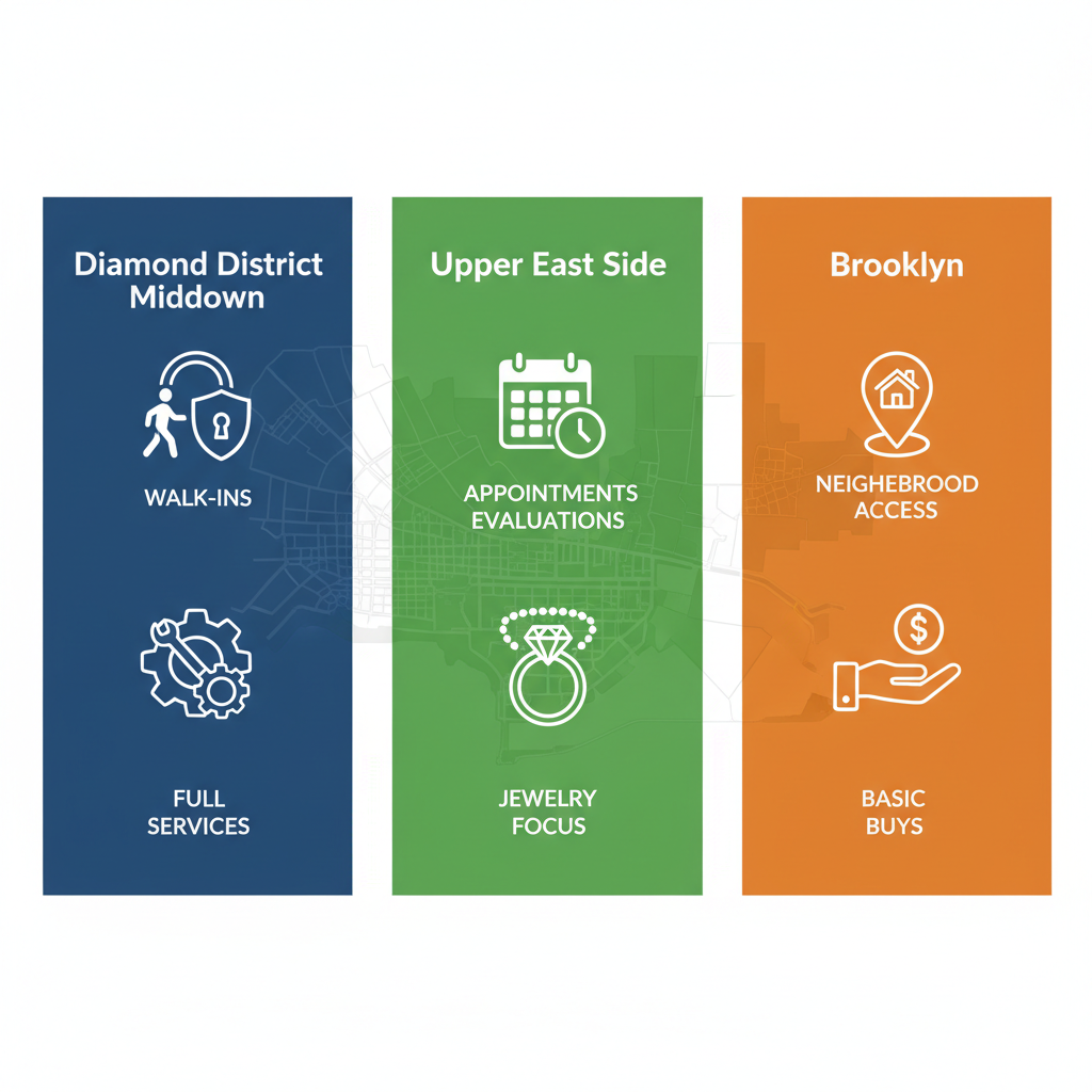 Infographic comparing key factors in New York City jewelry buying districts: Diamond District, Upper East Side, and Brooklyn areas.