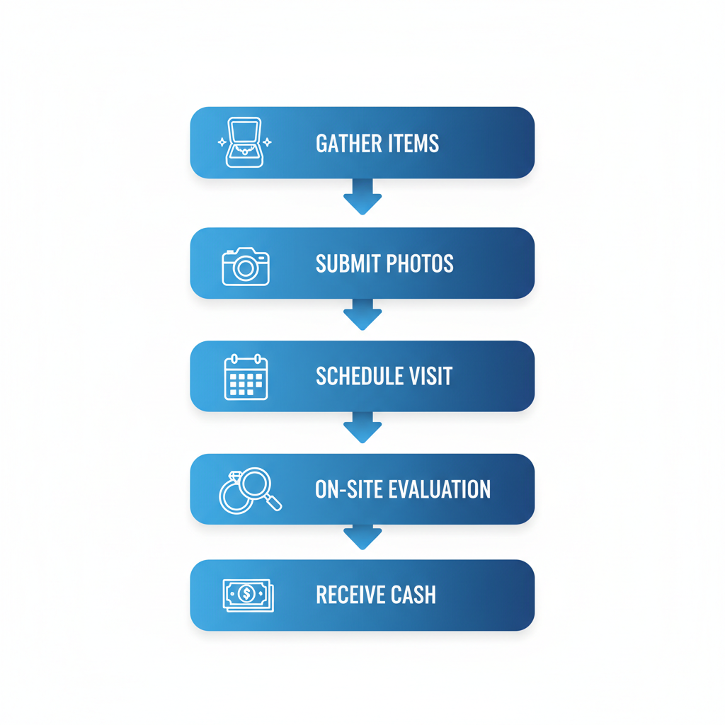 Vertical process flow diagram illustrating the five key steps for selling jewelry in NYC: gather items and documents, submit photos for quote, schedule visit, on-site evaluation, receive cash.