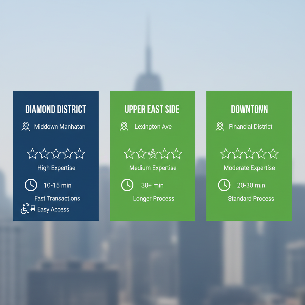 Infographic comparing Diamond District and other NYC areas for selling diamonds and precious metals