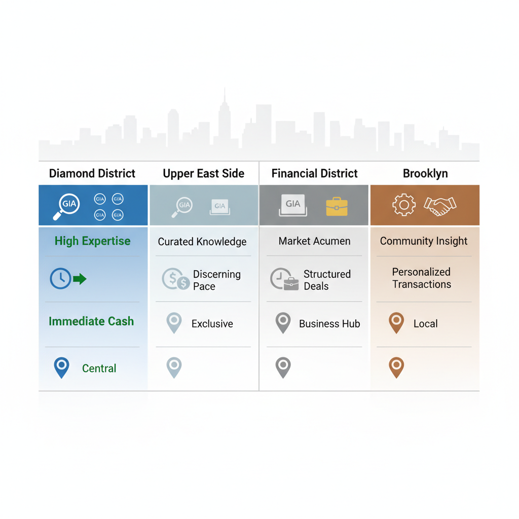 Infographic comparing NYC areas for luxury watch sales, emphasizing Diamond District's advantages in expertise, speed, and accessibility