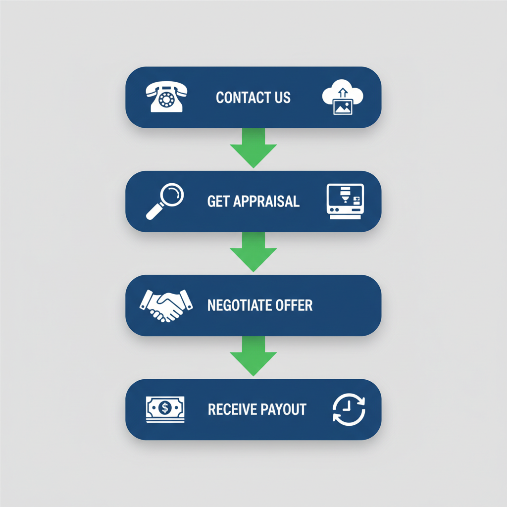 Vertical process flow diagram illustrating the four steps to sell a Cartier watch for cash: contact, appraisal, negotiation, and payout with icons and minimal labels.