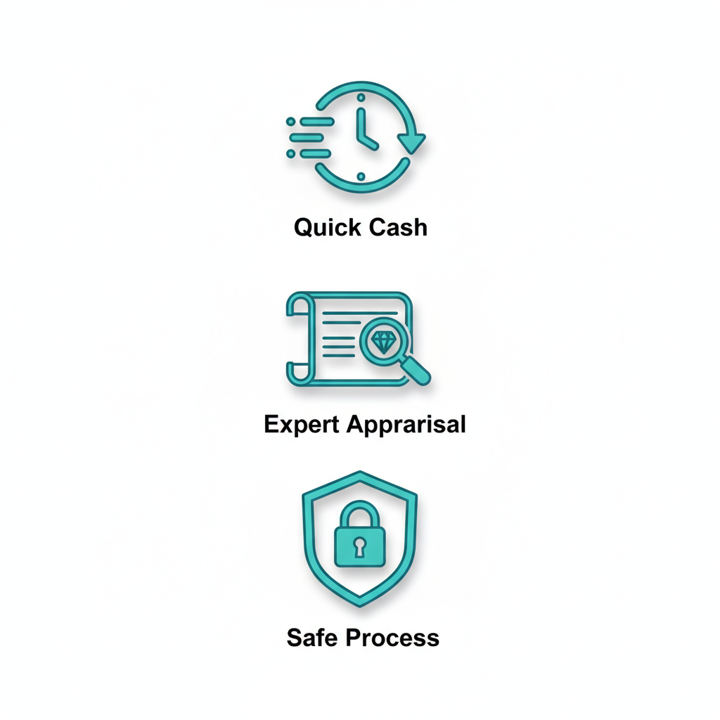 Square grid of icons showing benefits of selling Rolex: quick cash payout, expert gemologist appraisal, and secure handling process.
