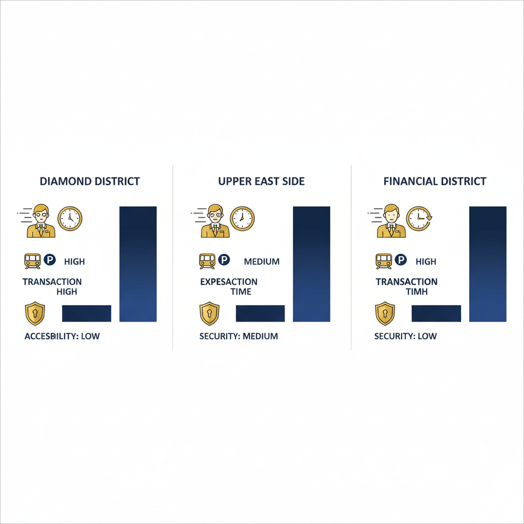 Infographic comparing Diamond District, Upper East Side, and Financial District for selling Rolex watches with ratings on accessibility, expertise, transaction time, and security.