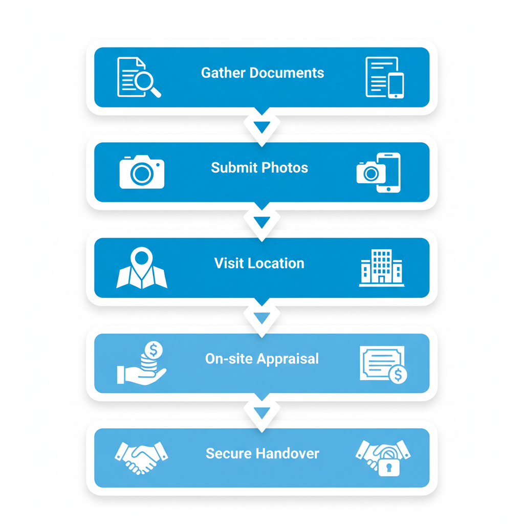 Vertical process flow diagram showing six steps to sell a Rolex watch securely in New York City.