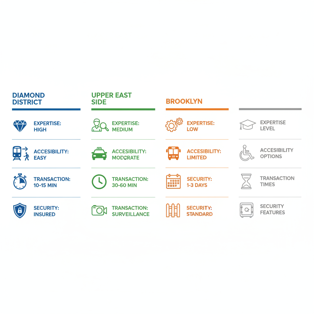 Infographic comparing Diamond District, Upper East Side, and Brooklyn for selling jewelry, showing expertise, access, time, and security icons.