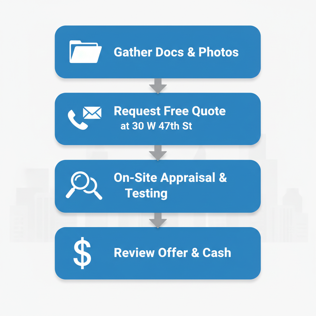 Vertical process flow diagram illustrating four steps to sell Cartier jewelry: gather documents and photos, request quote, on-site appraisal, and receive cash offer.