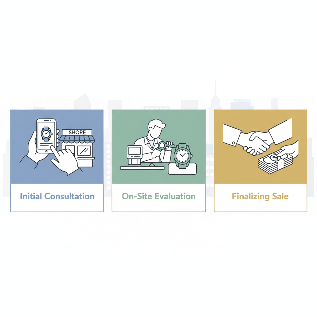 Horizontal process flow diagram illustrating the three stages of selling a Rolex watch in New York City: initial consultation, on-site evaluation, and finalizing the sale.