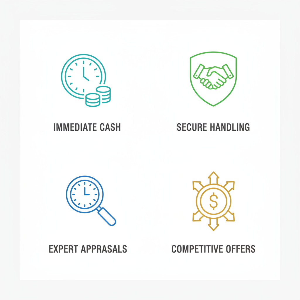 Grid of icons showing benefits of selling Rolex to licensed buyers in NYC: immediate cash, secure handling, expert appraisals, and competitive offers.
