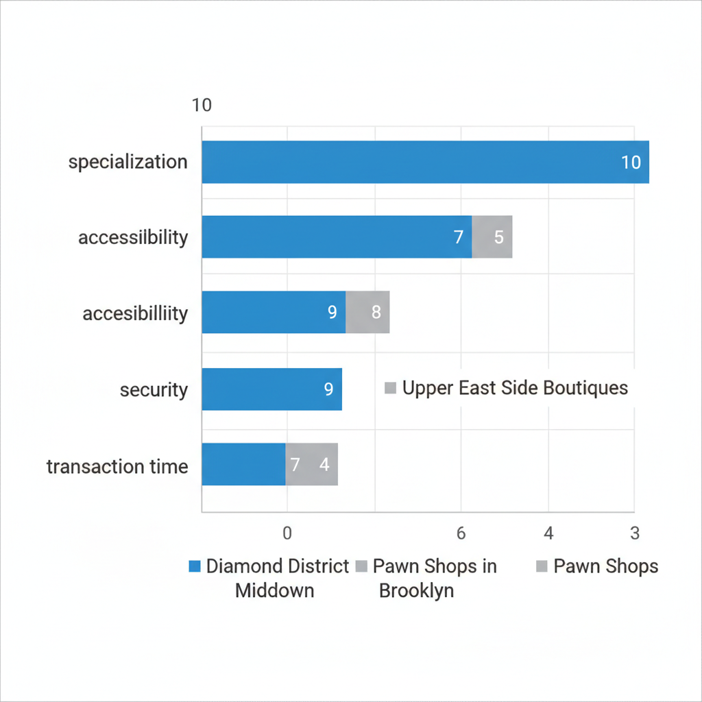 Horizontal bar chart comparing specialization, accessibility, security, and transaction time ratings for NYC jewelry buying areas: Diamond District, Upper East Side Boutiques, and Brooklyn Pawn Shops.