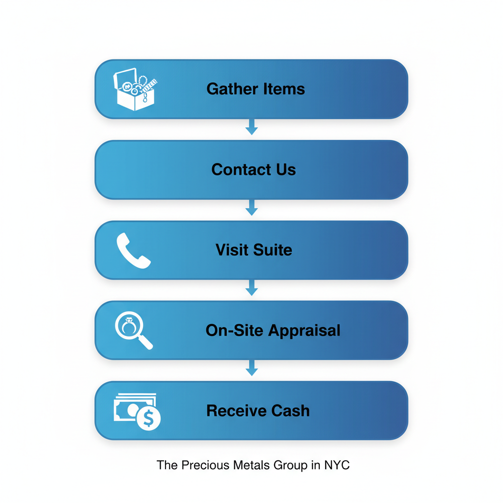 Vertical process flow diagram showing five steps to sell jewelry for cash in NYC: gathering items, contacting the service, visiting the location, appraisal, and receiving payment.