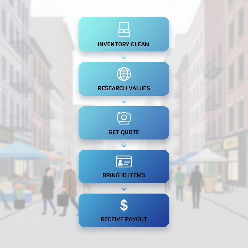 Vertical process flow diagram showing five steps to sell jewelry in NYC: inventory and clean, research values, get quote, bring ID and items, receive payout.
