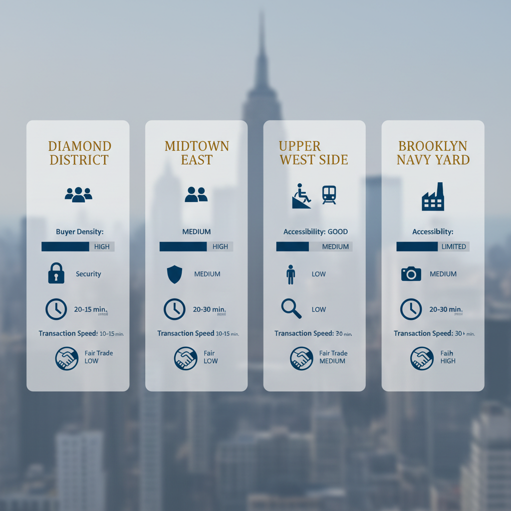Infographic comparing key New York City areas for selling precious metals and jewelry, highlighting accessibility, buyer density, security, and transaction speeds