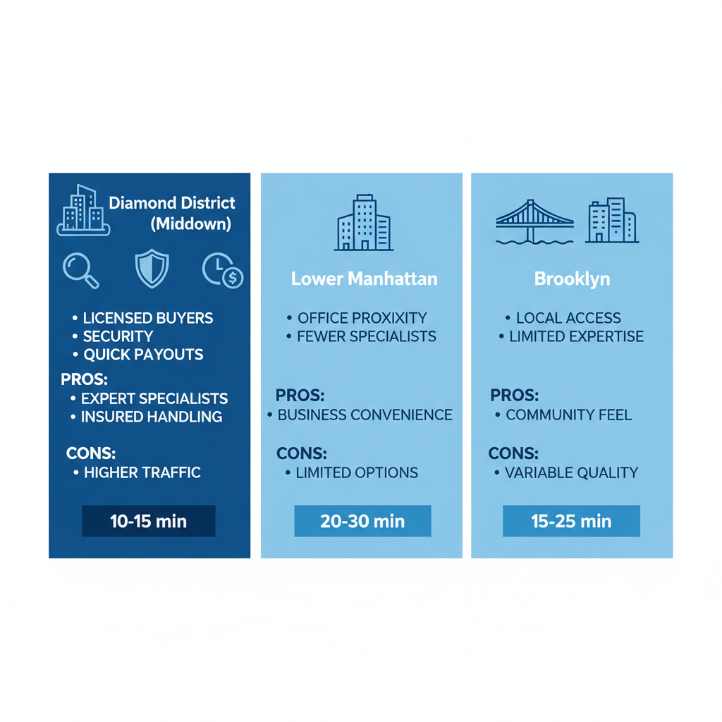 Infographic comparing three NYC areas for selling gold: Diamond District, Lower Manhattan, and Brooklyn, with pros, cons, and average transaction times.