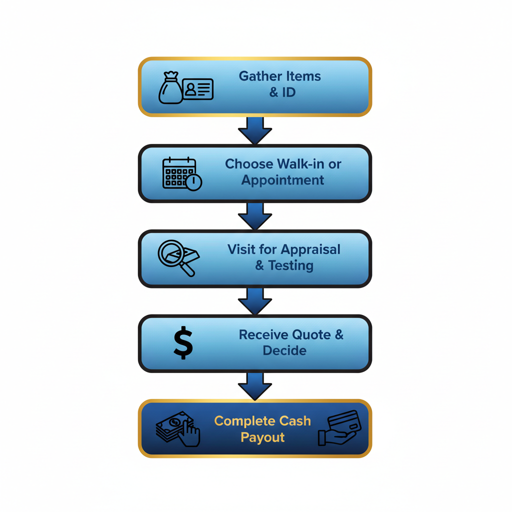Vertical process flow diagram showing five steps to sell gold in NYC with icons and minimal labels