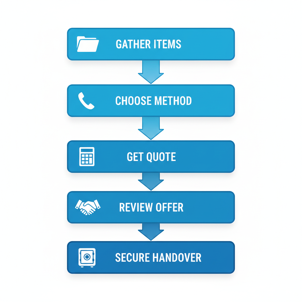 Vertical process flow diagram illustrating five steps to sell gold in New York City with icons and minimal labels.