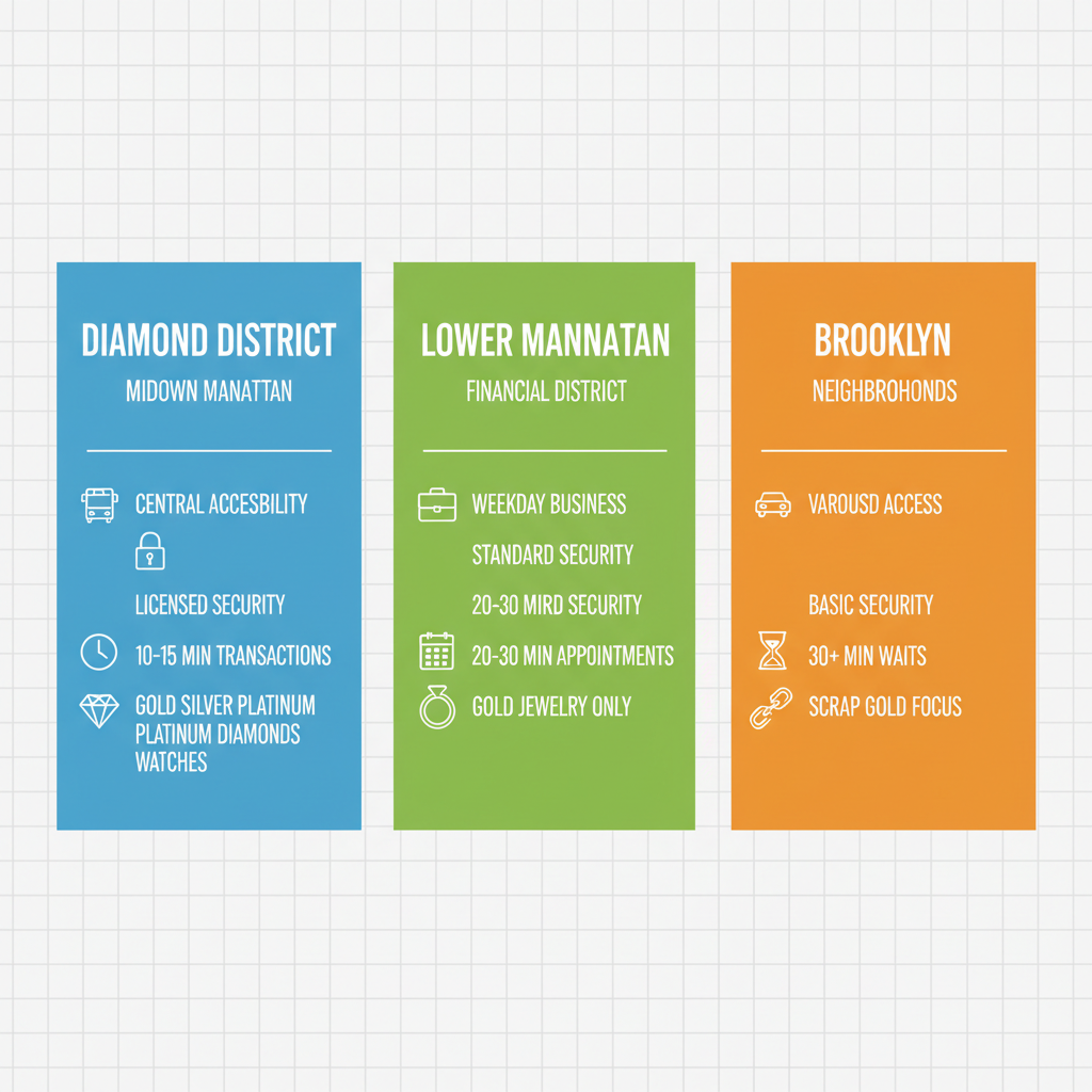Infographic comparing gold selling areas in New York City: Diamond District, Lower Manhattan, and Brooklyn with features like accessibility, security, transaction time, and accepted items.