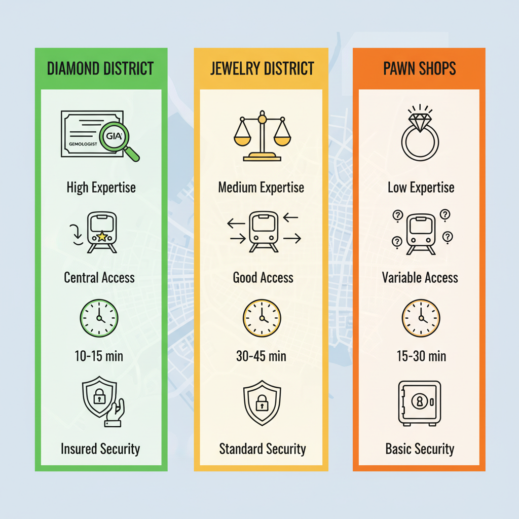 Infographic comparing Diamond District, Jewelry District, and Pawn Shops in NYC for jewelry sales, focusing on expertise, accessibility, transaction time, and security with color-coded columns and icons.