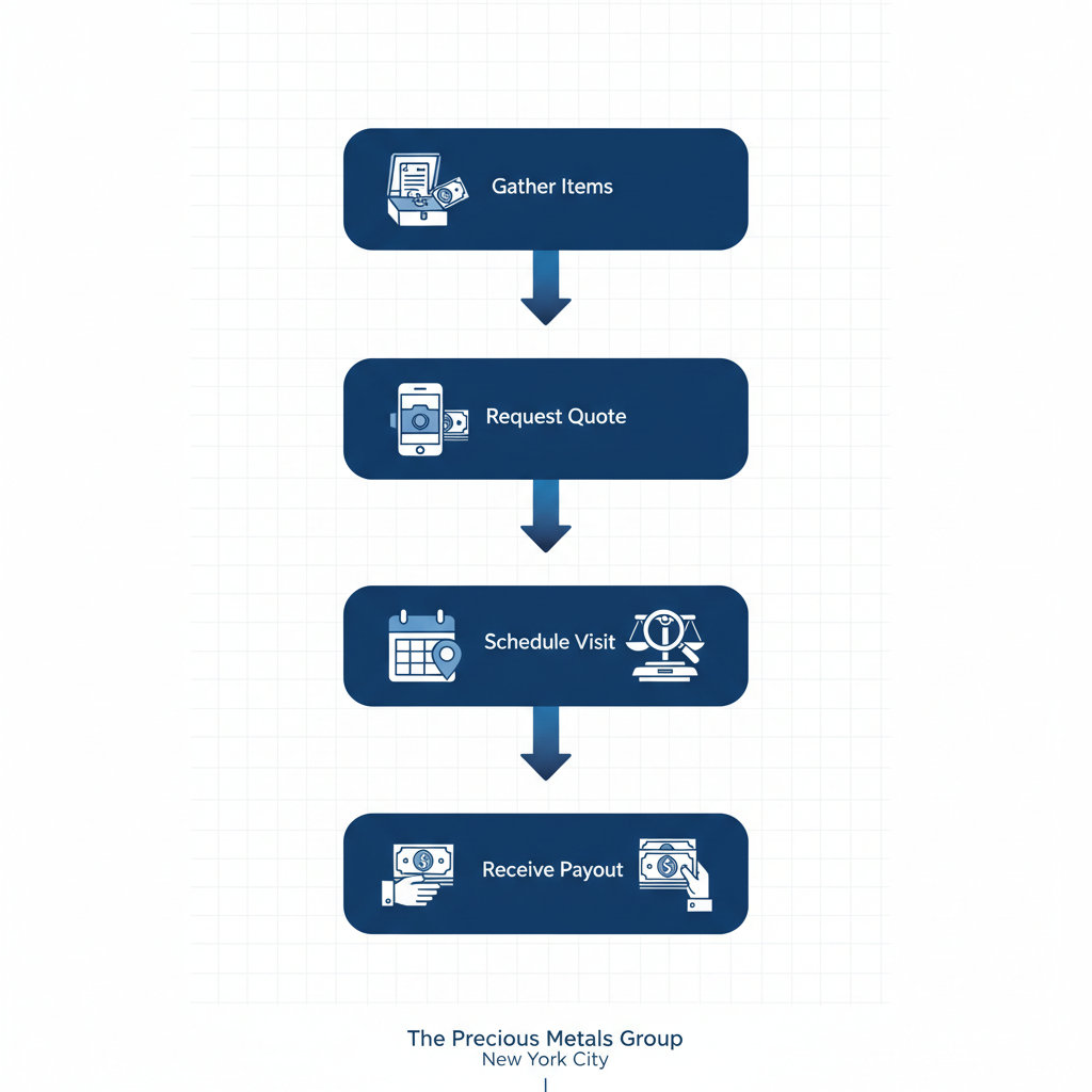 Vertical process flow illustrating five steps to sell jewelry: gather items and documentation, request quote via photo, schedule on-site evaluation, undergo appraisal and testing, receive immediate cash payout.
