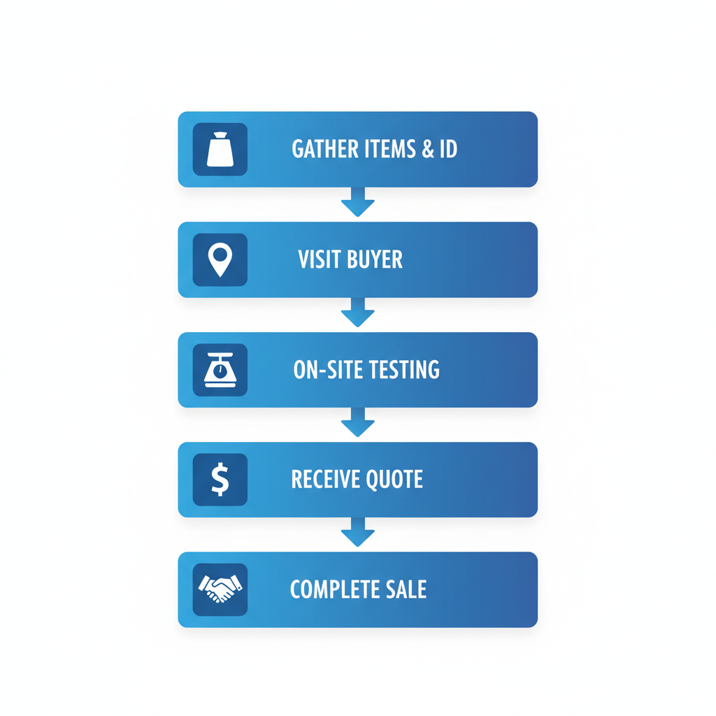 Vertical flowchart illustrating five steps to sell gold in NYC: gather items and ID with bag icon, visit Diamond District buyer with location pin, on-site evaluation and testing with scale, receive free quote with dollar sign, complete sale for cash with handshake, connected by blue gradient arrows in clean technical style.