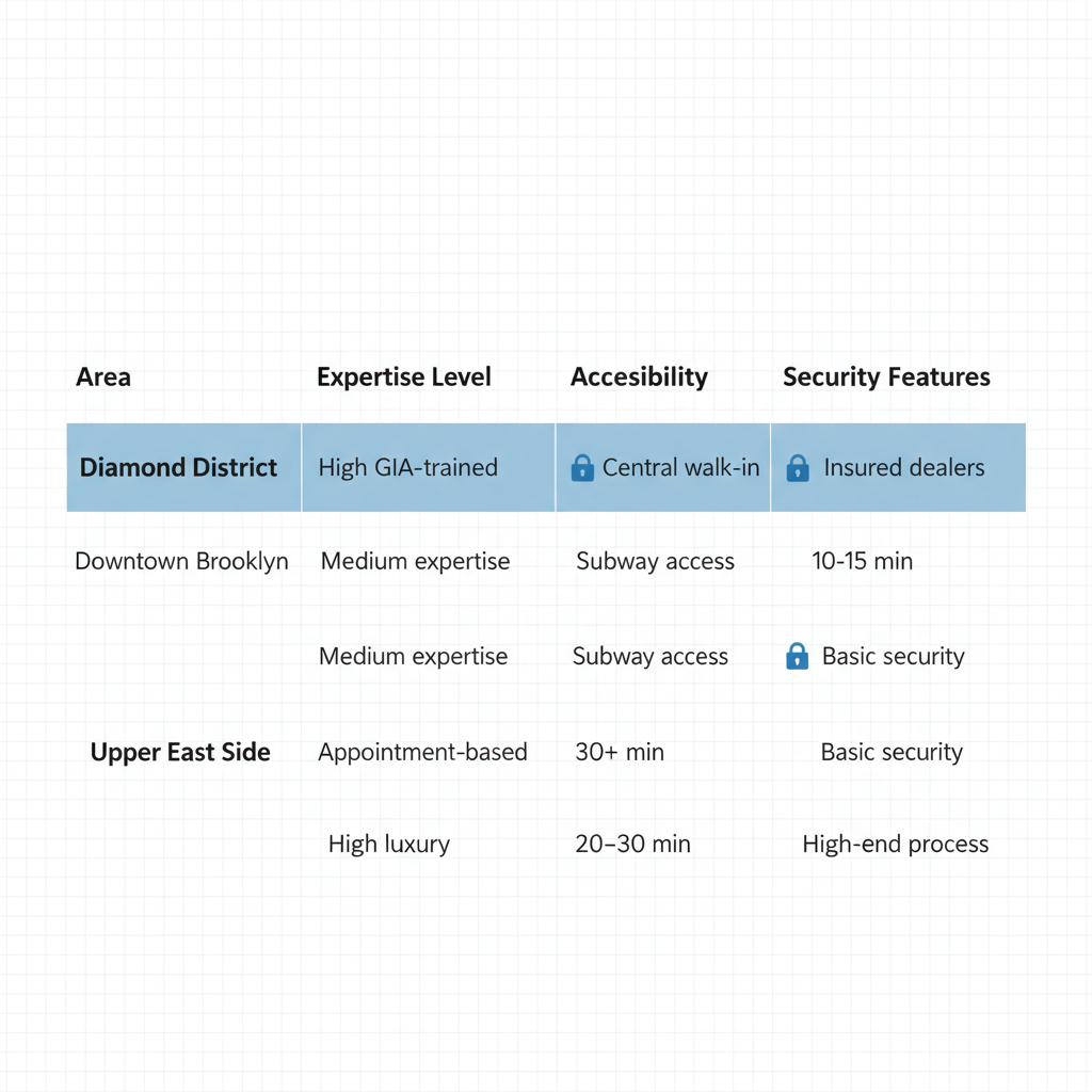 Infographic comparing New York City areas for selling gold, highlighting Diamond District advantages