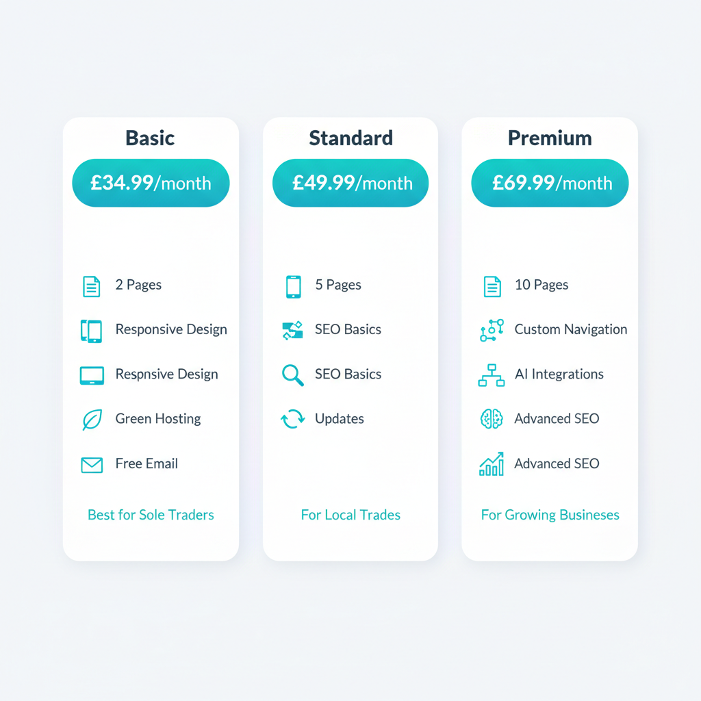 Website Designer Wellingborough 1 Infographic comparing three pay-monthly web design packages: Basic, Standard, and Premium for Wellingborough businesses