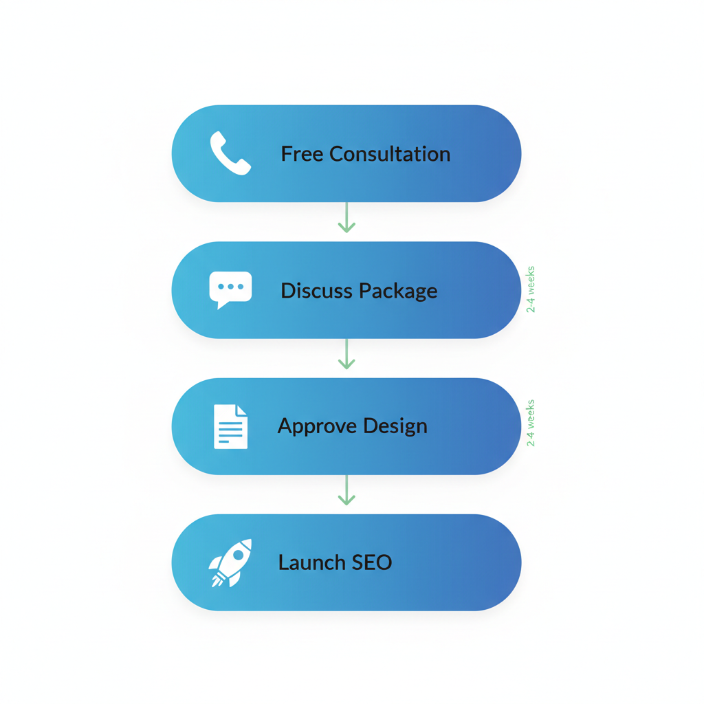 Website Designer Wellingborough 2 Vertical process flow diagram showing four steps to start web design services in Wellingborough with icons and labels.