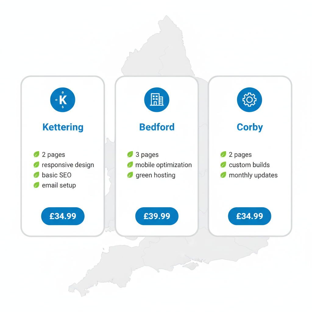 Web Design Kettering 1 Infographic comparing affordable web design packages and features in Kettering, Bedford, and Corby areas