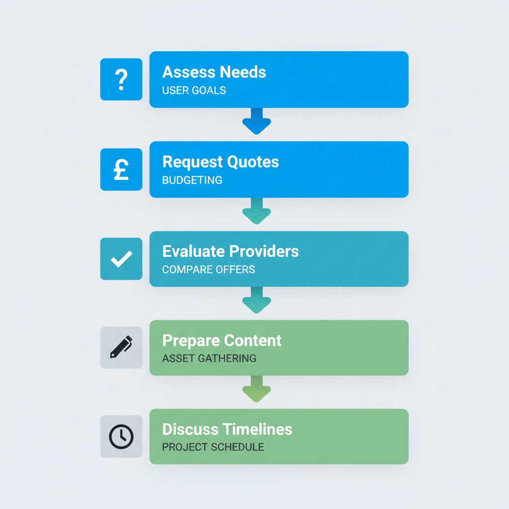 Web Design Kettering 2 Vertical process flow diagram showing five steps to start web design in Kettering with icons and arrows.