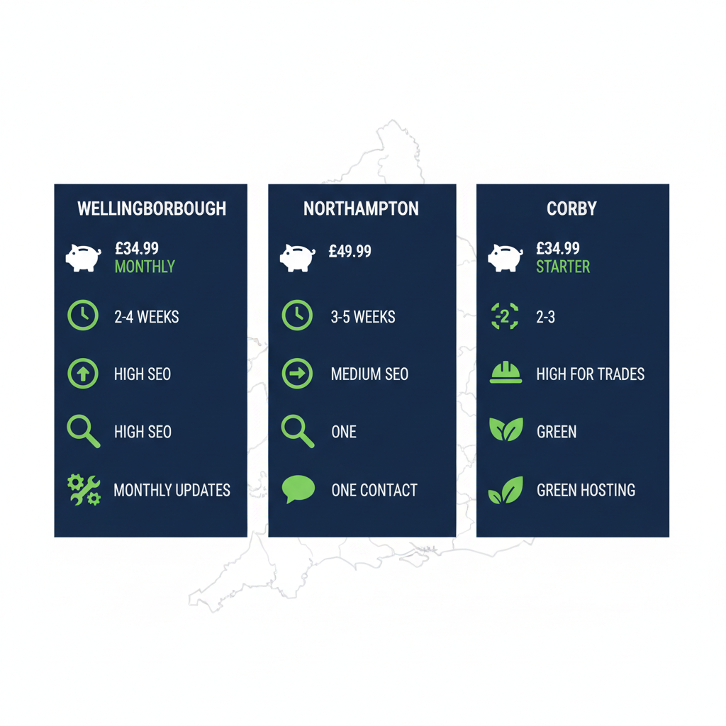 Web Design Near Me 1 Infographic comparing web design services in Wellingborough, Northampton, and Corby with prices, build times, SEO levels, and support options.