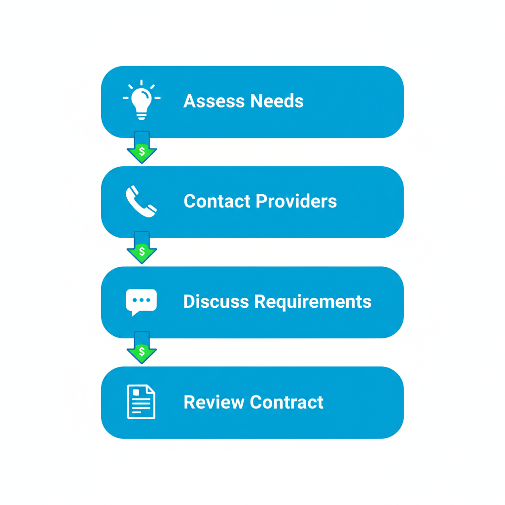 Web Design Near Me 2 Vertical process flow diagram showing four steps to start local web design: assess needs with lightbulb, contact providers with phone, consultation with chat bubble, and review contract with document icon, in blue boxes with green accents on white background.